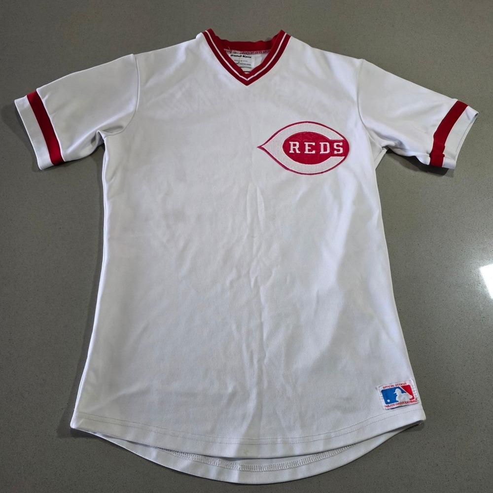 Vintage Sand-Knit Cincinnati Reds Pastrano Jersey Mens 40 White Red MLB V-Neck